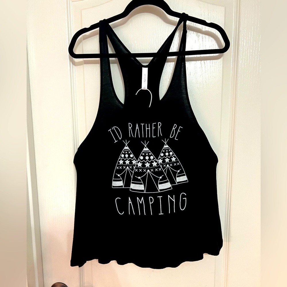 Black sleeveless small tank top. “I’d Rather Be Camping”